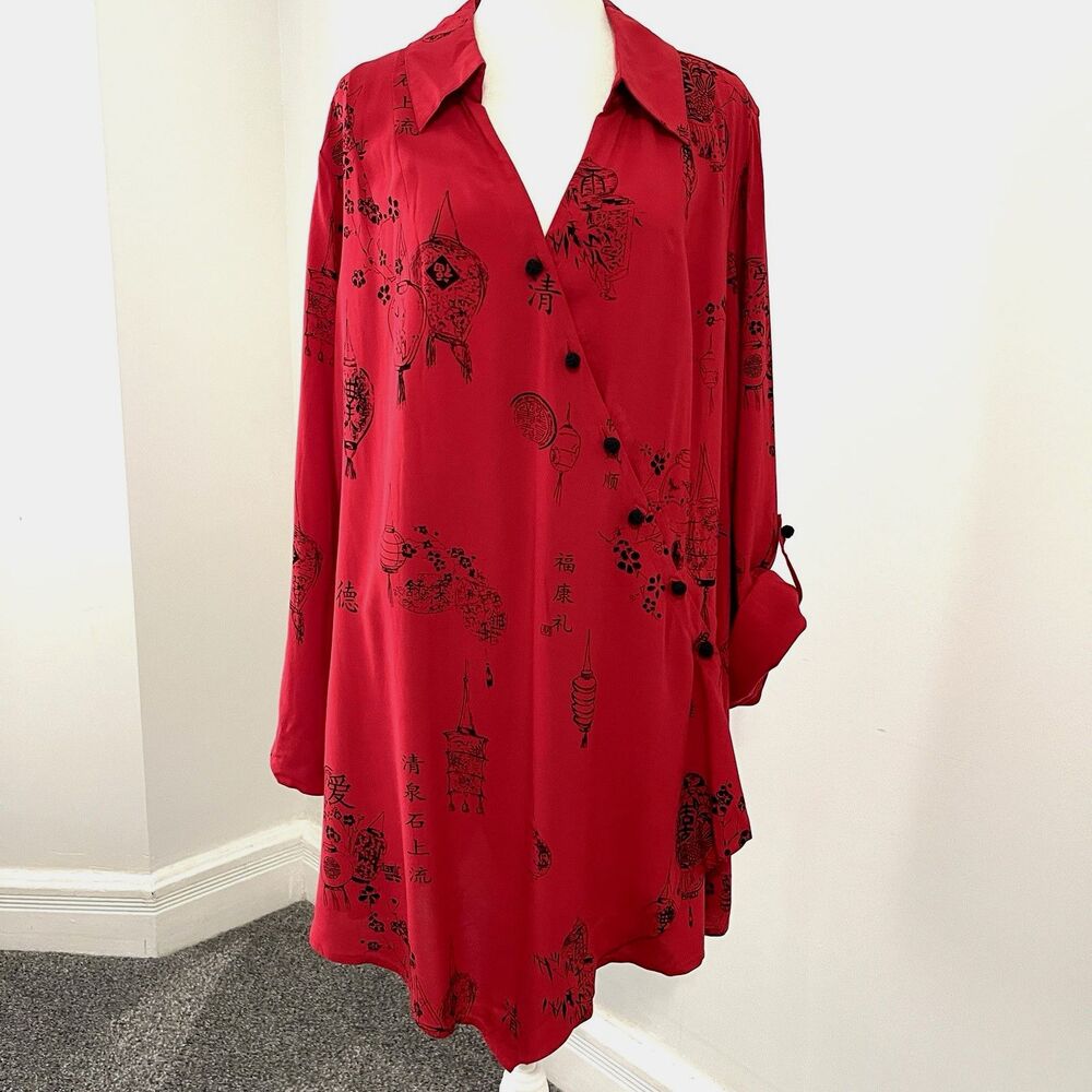 Soft Surroundings Tunic Top Womens Plus 3X Button Wrap Roll Tab Sleeve Deep Red